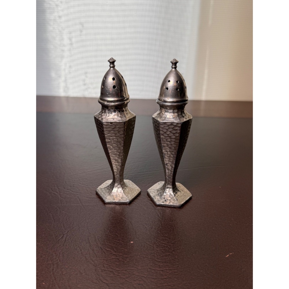 Vintage Hammered Pewter Salt and Pepper Shakers Art Deco Hexagonal Base Set